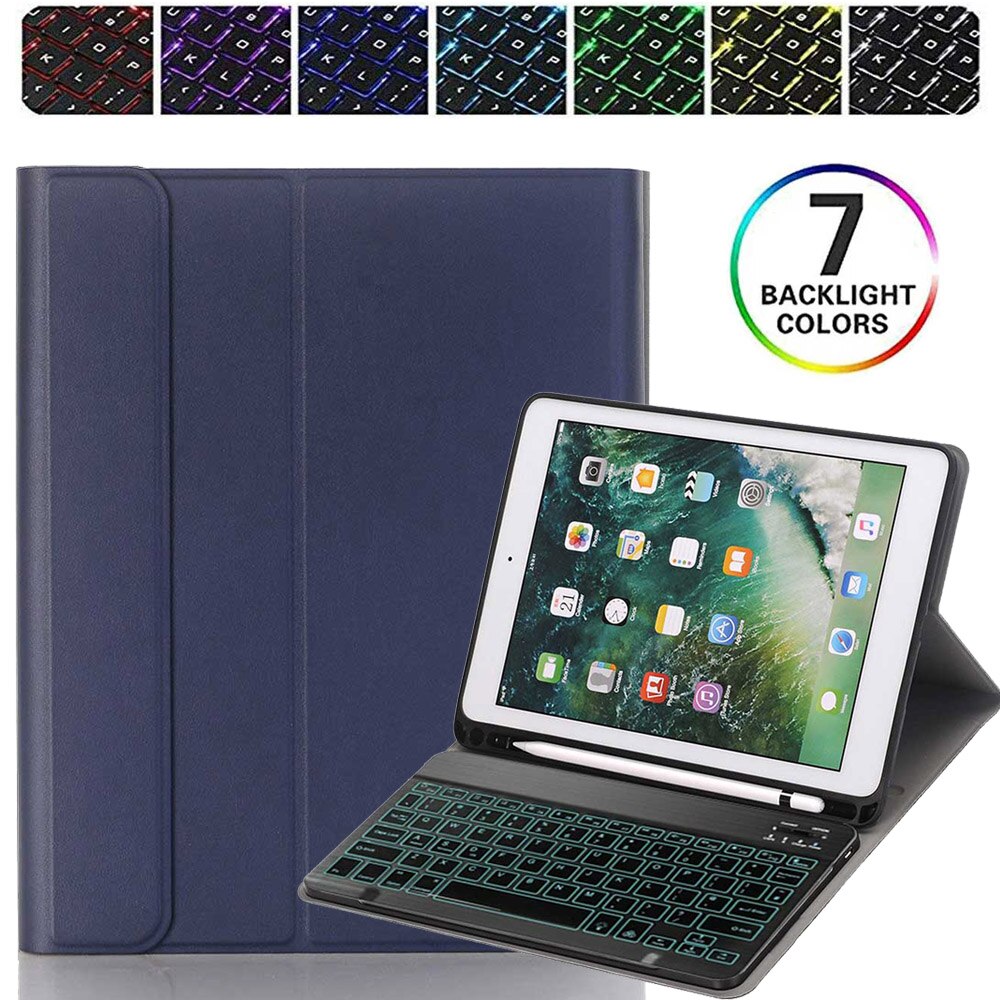 Wireless Keyboard For iPad 10.2 inch Case PU Leather Flip Stand Cover For iPad 7th Gen 10.2" Backlit Bluetooth Keyboard: Blue-Backlit