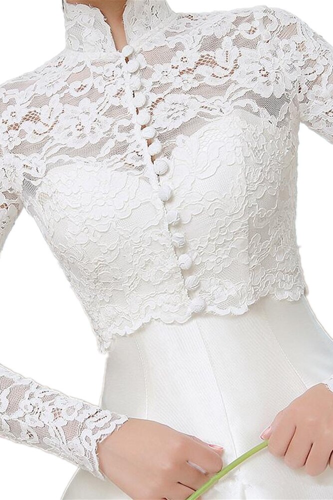 GOHYPDUG Long Sleeve Lace Top Jacket Bolero Button Front White Ivory Bridal Wrap Plus Size Bride Shawl