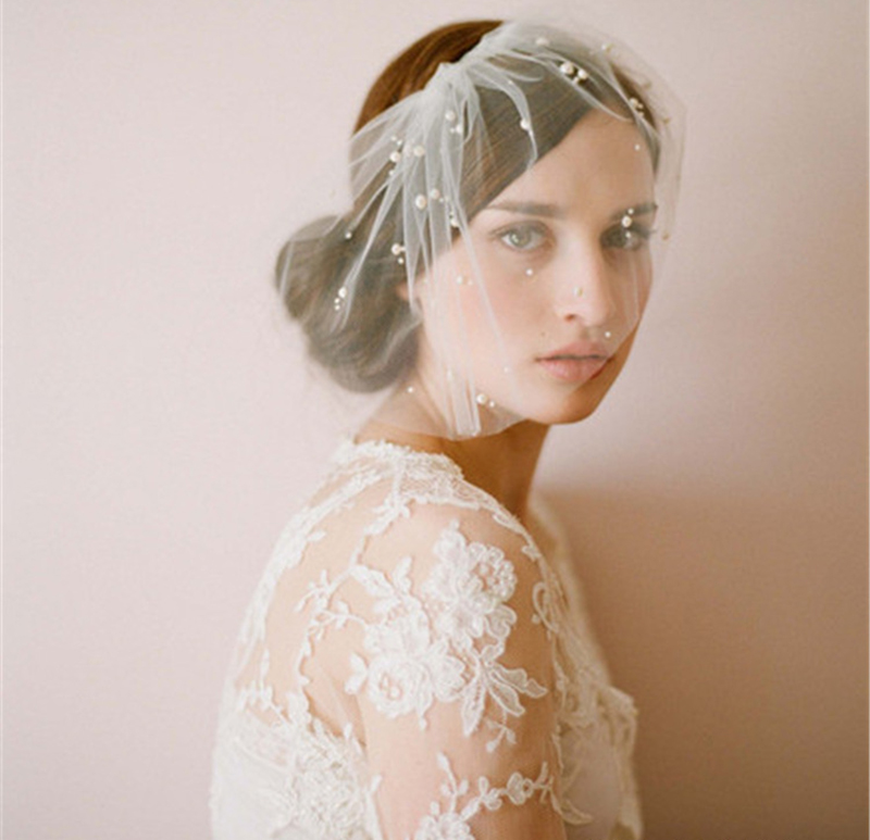 White Tulle Blusher Veil Pearls Wedding Accessories for Bride Girls One Layer Beaded Womens Bridal Veils Voile Mariage