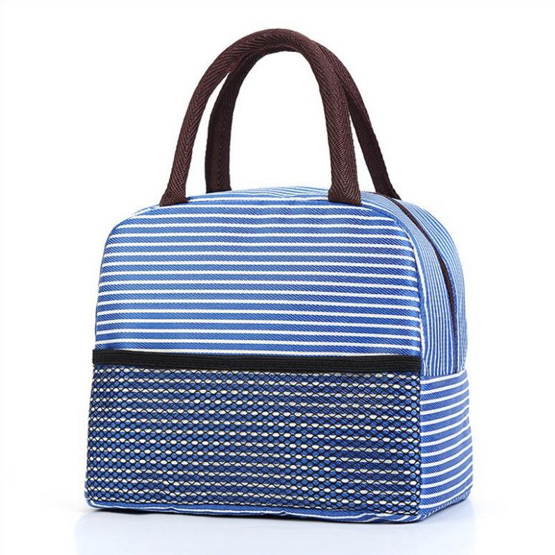 Japanese Stripe Waterproof Nylon Lunch Bags Portable Women Student Lunch Box Thermo Bag Office School Picnic Cooler Bags Bolsos: Blue