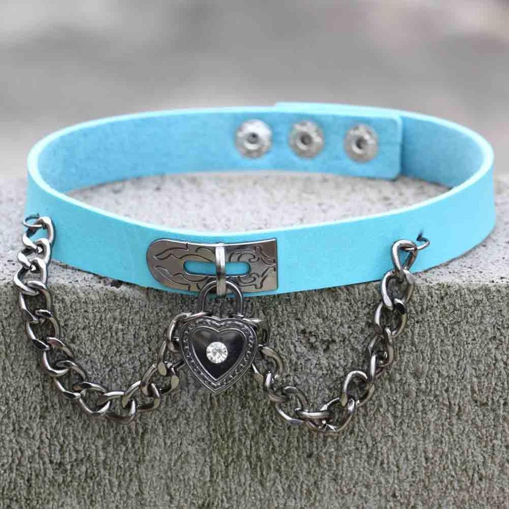 PU leather choker heart accessories Cool vintage necklace women Handmade Choker Necklace Goth Jewelry: light blue