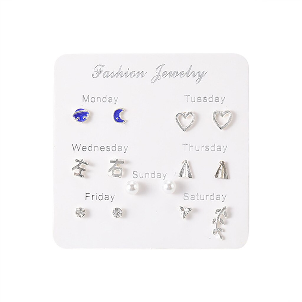 Women Heart Star Mini Earrings Set Girl Small Jewelry Square Leaf Pearl 6-pairs Stud Earring Sets Lady Mini Jewelry: F