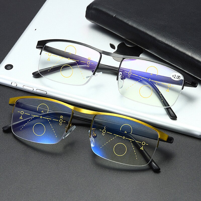 Progressive Multi-Focus Computer Reading Glasses Blue Light Blocking Metal Alloy Multifocal Readers Eyeglasses