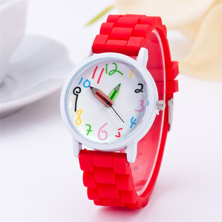 Mode Eenvoudige Mode Kinderen Kids Arabische Cijfers Potlood Analoge Weergave Quartz Horloge Voor: red