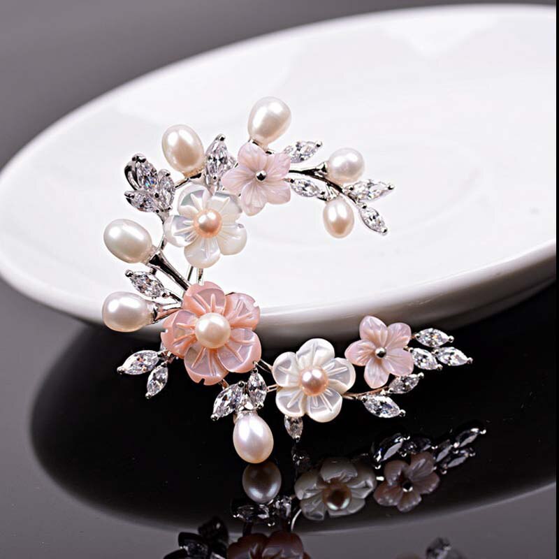 Red Trees Flower Brooch Pin For Women Wedding Bridal Jewelry With Freshwater Pearl & Cubic Zircon