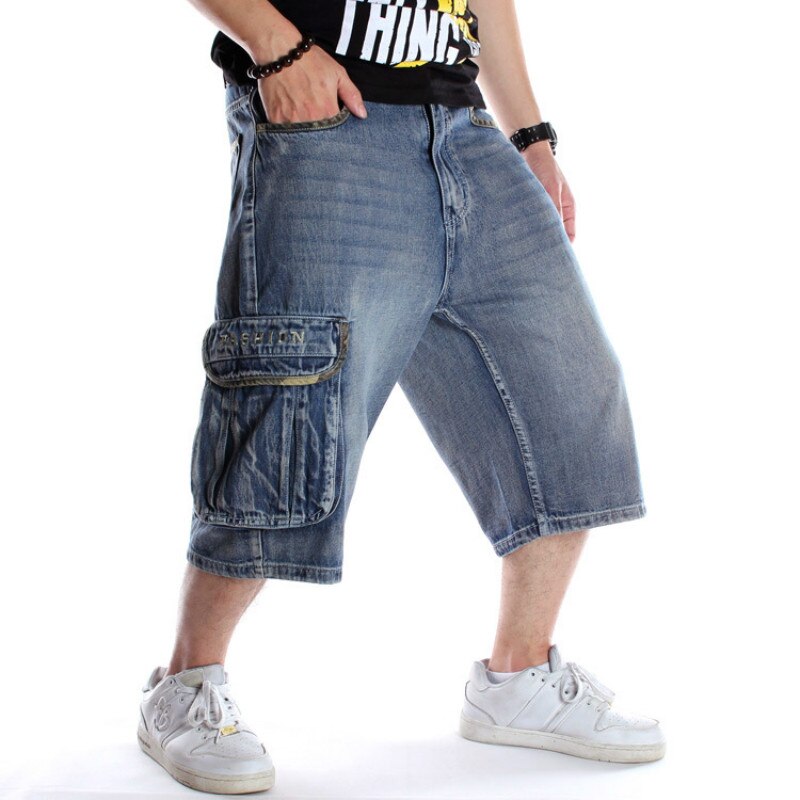 Homme Grande Taille Lâche Baggy Denim Court Hommes Jeans Streetwear Hip Hop Longue 3/4 Capri Cargo Shorts Poche Bermudes Homme Bleu: 30