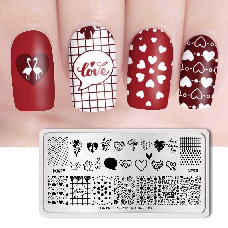Født smuk rektangel negle stempling plade gitter hjerte nail art billede skabelon gør-det-selv dekoration valentinsdag  l008