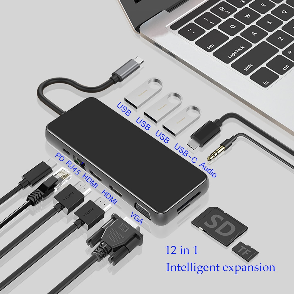 MST Hdmi VGA Adapter 12 IN 1 Docking Station Multi Usbc Hub Dual Hdmi RJ45 VGA PD For Macbook Pro Laptop Accessories Samsung Dex