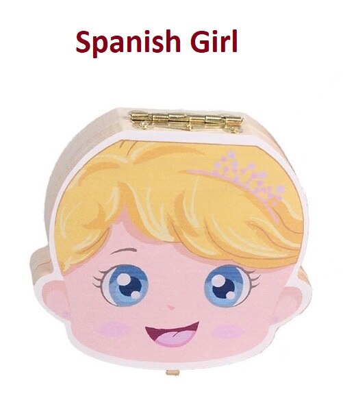 Caja de dientes de bebé colorido español inglés francés italiano caja de dientes de madera organizador guardar dientes de leche almacenamiento de madera: Spanish Girl