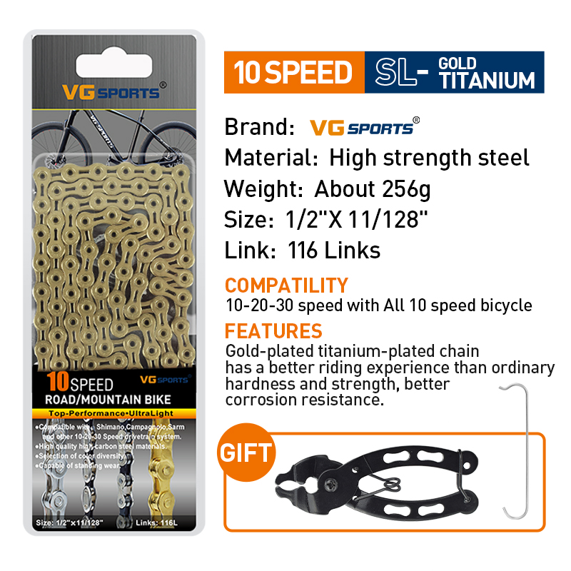 VG Sports Bicycle Chain 6 7 8 9 10 11 Speed 8s 9s 10s 11s Velocidade Titanium Rainbow Gold MTB Mountain Road Bike Chains Parts: Orange