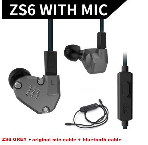 Kz ZS6 Grey Kleur 2DD + 2BA Hybrid In Ear Oortelefoon Hifi Dj Monito Running Sport Oortelefoon Oordopje Headset Metalen oordopjes Kz AS10: mic bluetooth