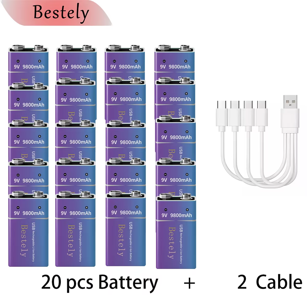 9V oplaadbare lithiumbatterij, 9800mAh langdurige 9v Li-ionbatterijen met kabel, voor rookmelder, alarmen, microfoon