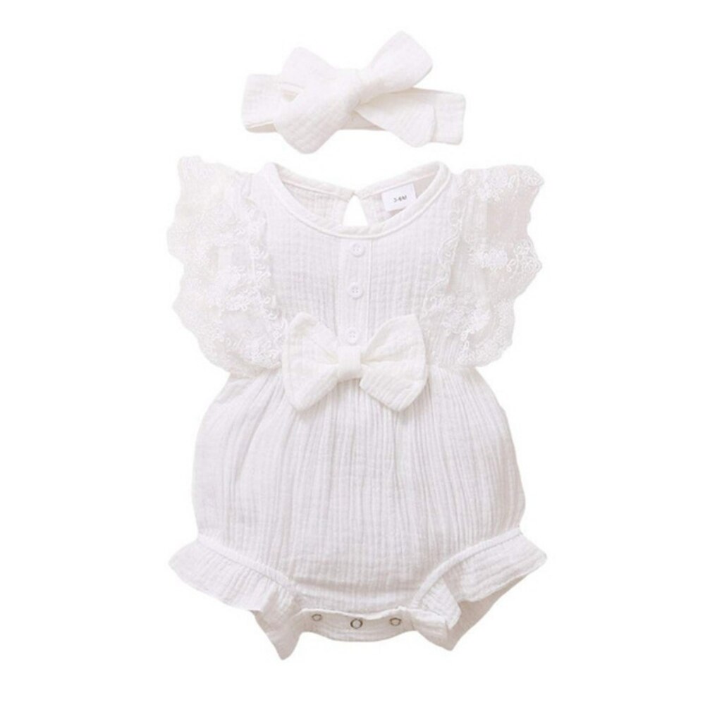 Baywell – body à volants en dentelle pour bébés filles, joli nœud papillon + bandeau en coton et lin, combinaisons sans manches pour nourrissons, vêtements doux pour tout-petits