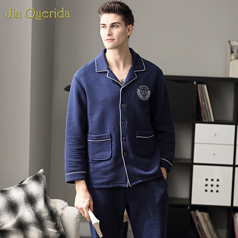 Winter Pyjama mannen Met Lange Mouwen Dikke Warm Houden 100% Katoen Drie Lagen Padded Leisure Thuis Kleding Plus Size Mannen pyjama