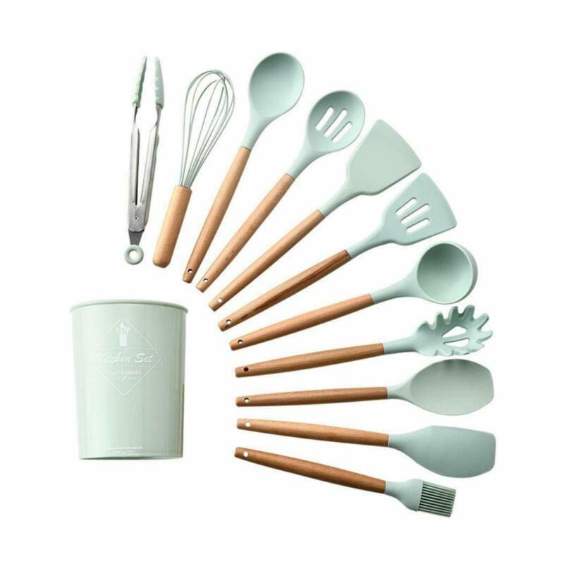 Muestra de juego de utensilios de cocina de silicona moderna 12 Uds mangos de madera espátula de cocina para no Stic