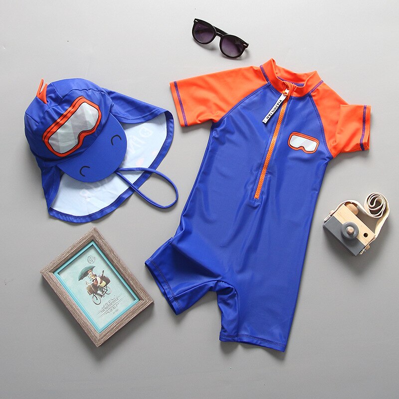 Swimwear for children Baby Swimsuit One Piece with Sun Cap UV50 Bathing Suit Boy Front Zipper Kids Swimming Clothes Beach Wear