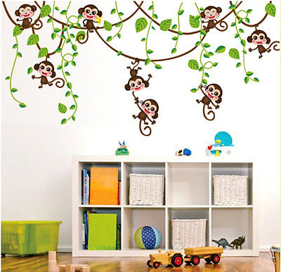 Dyreklistermærker lille abe klatretræ wallstickers mobile art deco baby dreng baby pige værelse wallstickers
