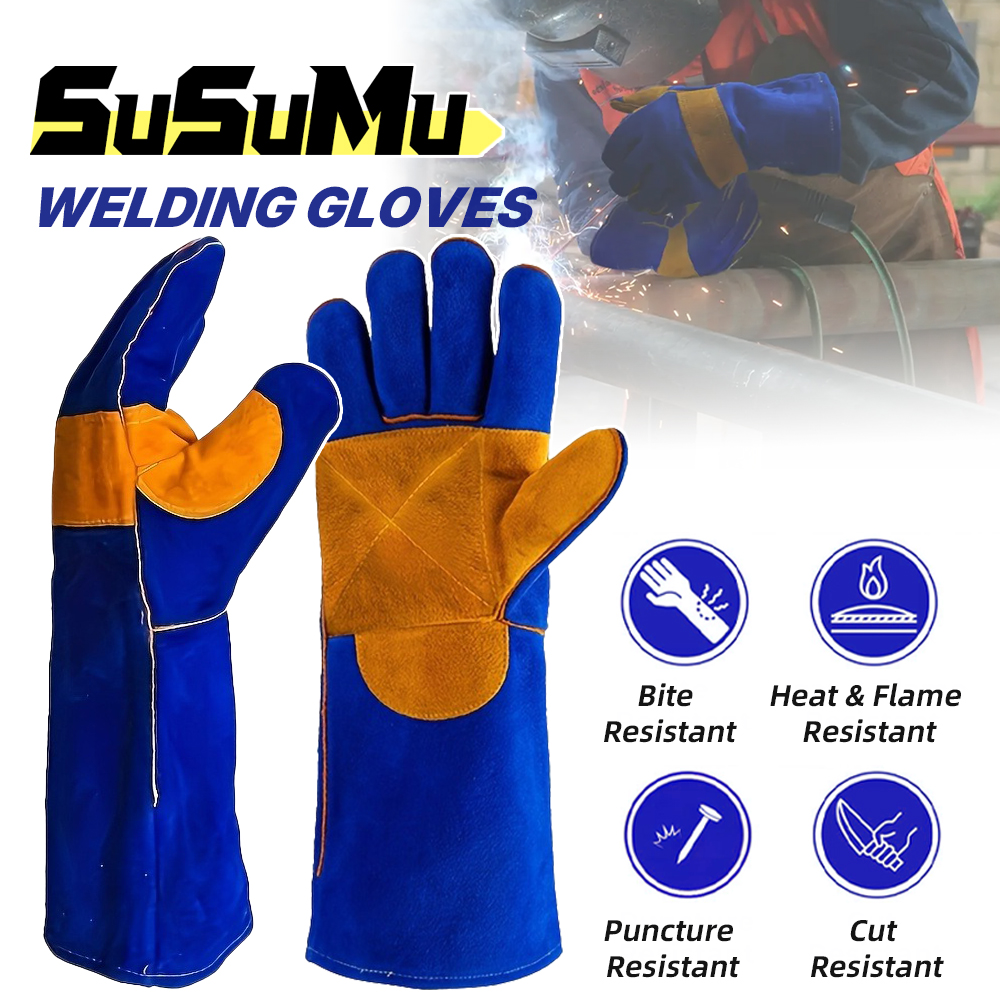 Guantes de soldadura de cuero para trabajo, guantes de soldadura resistentes al fuego/calor, quemador de troncos de madera, guantes de seguridad para Mig Tig Stick Forge BBQ Grill