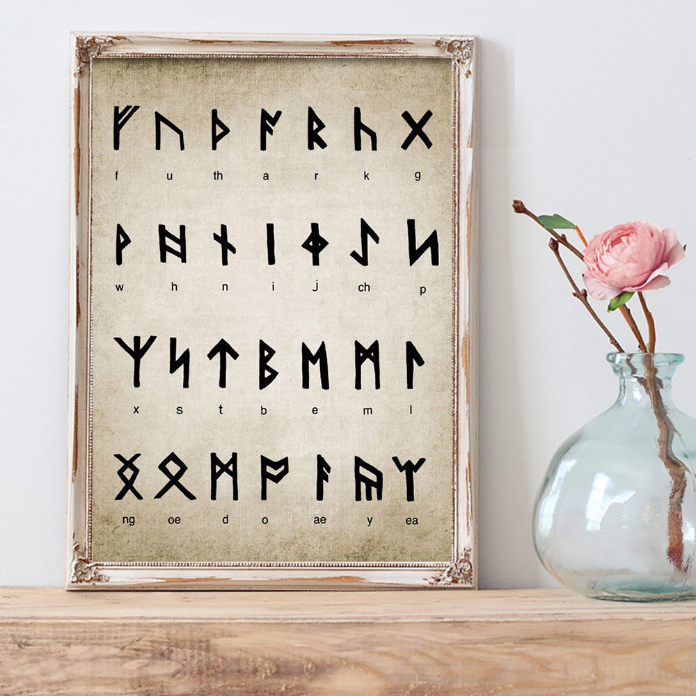 Runic Alfabeto Divinazione Vernice Vintage Poster di Scrittura Magia Vichingo Old Norse Lingua di Stampa Immagine della Parete Della Pittura Complementi Arredo Casa