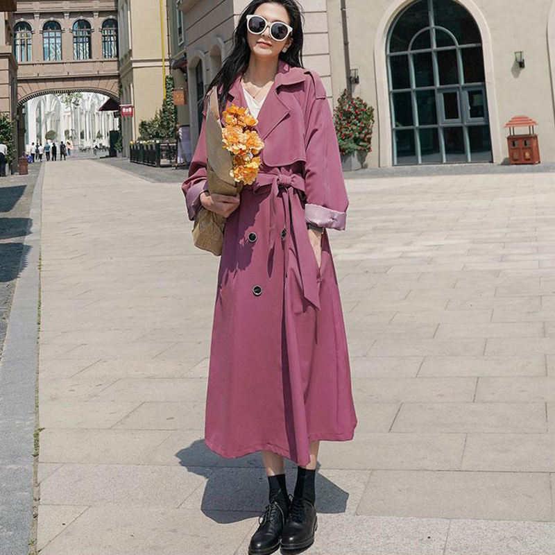 Trenchcoat Vrouwelijke Lente Herfst Koreaanse Pruim Kleur Lange Revers Vrouwen Windjack Losse Casual Dames Mantel Pendelen Jas