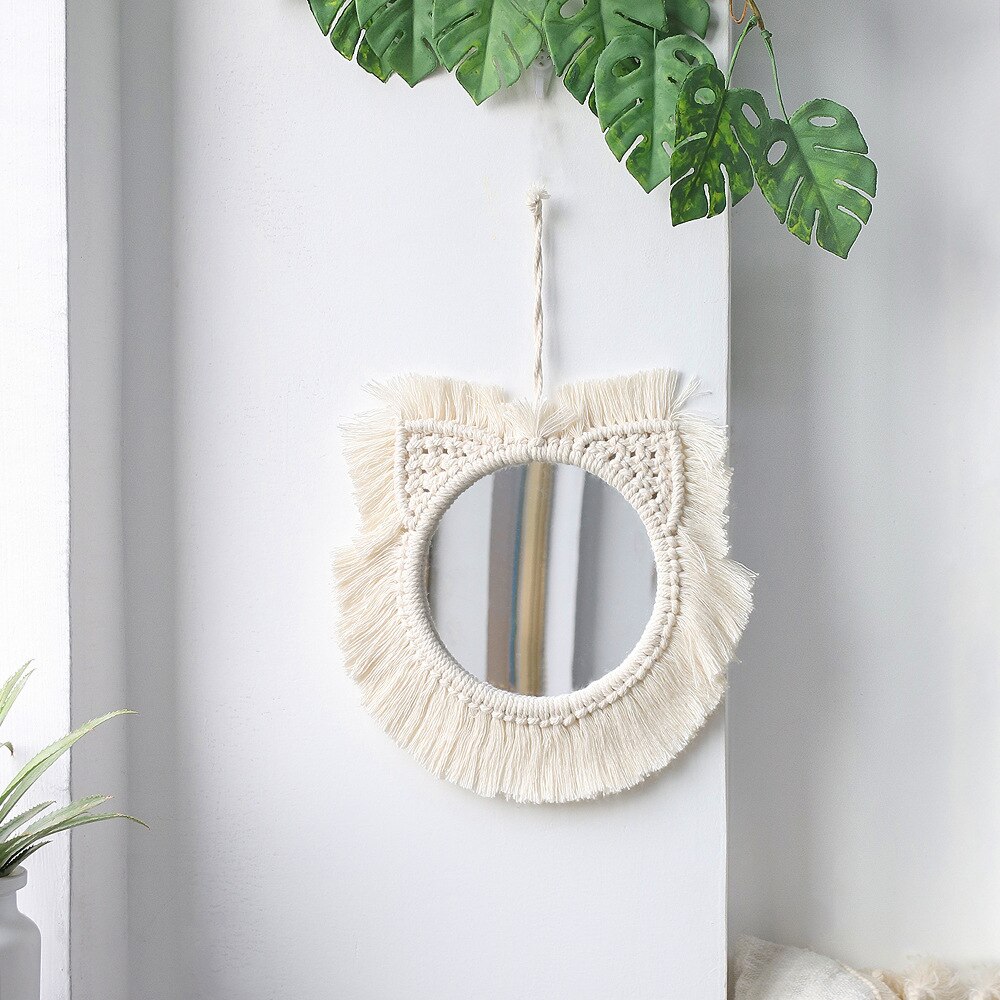 Espejo de pared colgante con flecos de macramé, redondo, bohemio, decoración artística para apartamento, sala de estar, dormitorio de bebé, guardería, entrada: 06