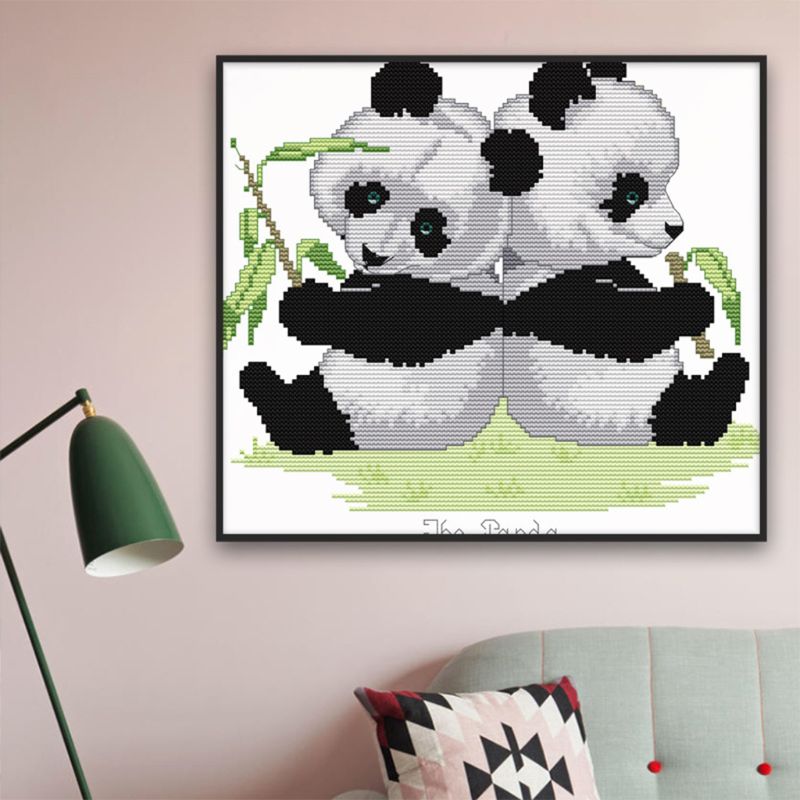 Panda Twins DIY Handmade Needlework Counted 14CT Printed Cross Stitch Embroidery Kit Set Home Decoration