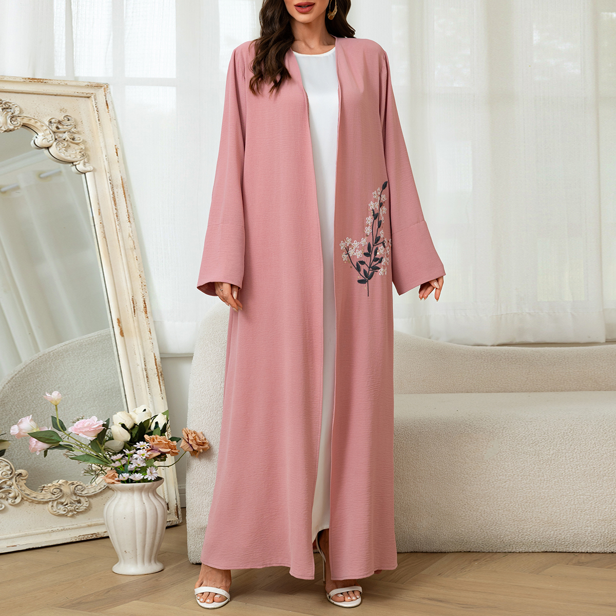Roze geborduurd lang gewaad dames bescheiden islamitische jurk Abaya Kaftan uitloper lange mouw losse Arabische moslim Dubai Marokkaanse: Default Title