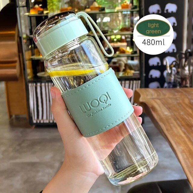 Botella de cristal portátil resistente al calor, 340ML, 480ML, para bebidas, agua fría, zumo, té, con tapa de tornillo, filtro, red fácil de llevar: green 480ml