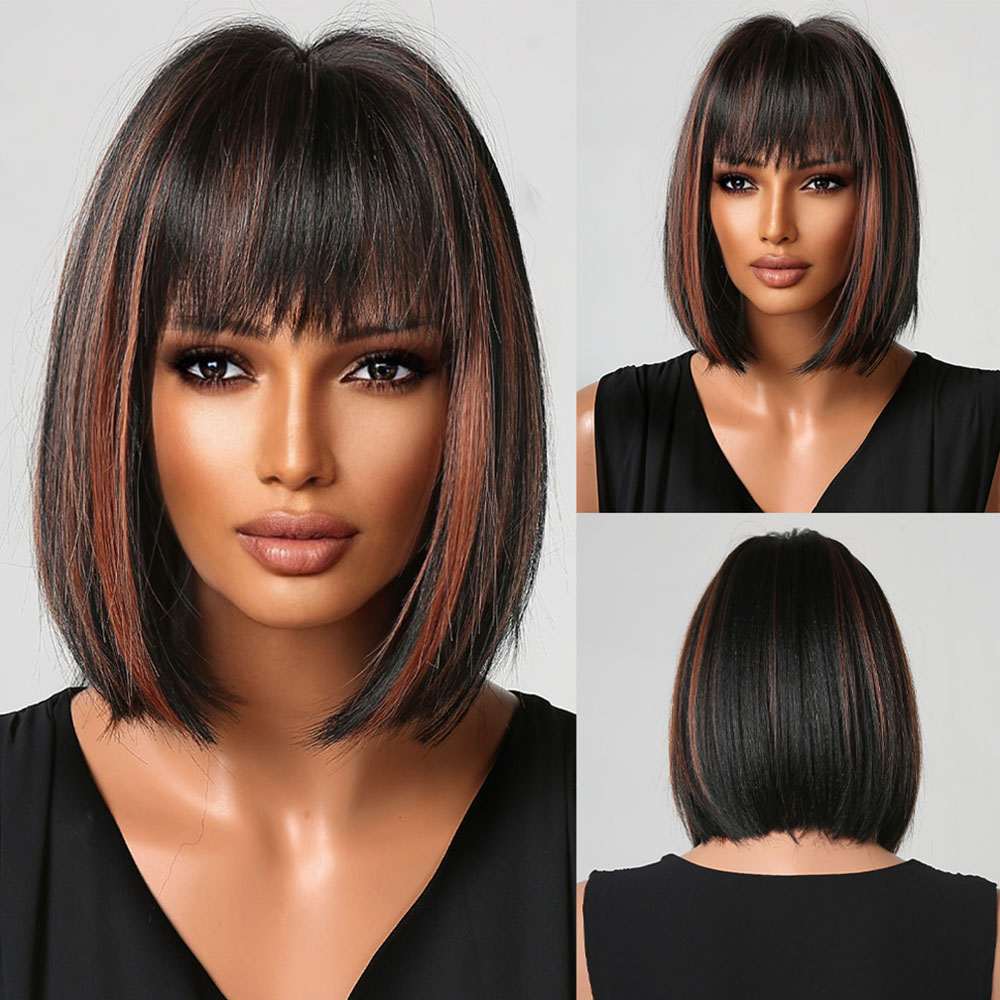 HENRY MARGU Bob perruques synthétiques courtes droites avec frange perruques de cheveux noirs pour les femmes perruques de fête Cosplay quotidiennes résistantes à la chaleur: 4/30HL