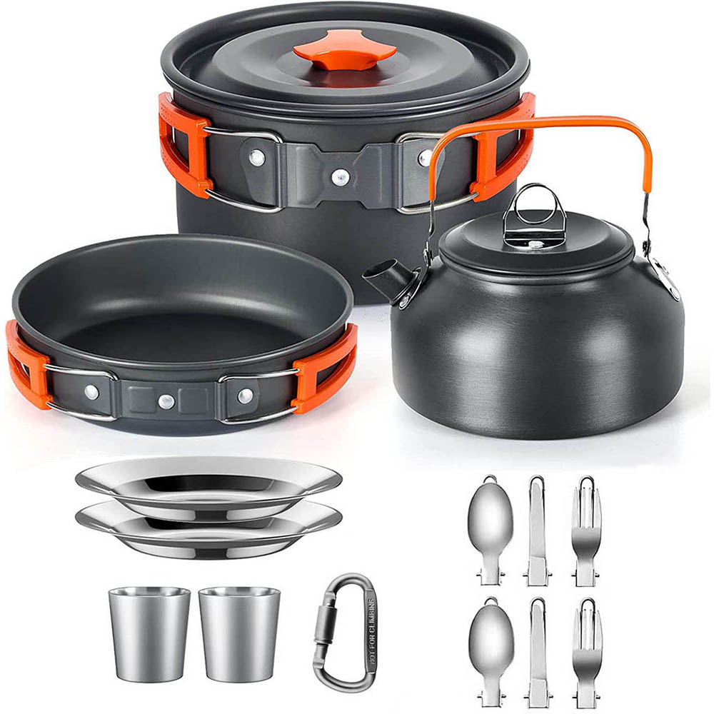 Juego de cocina para acampar, equipo ligero de aluminio para exteriores, utensilios de cocina para viajar, Trekking y senderismo: Marrón