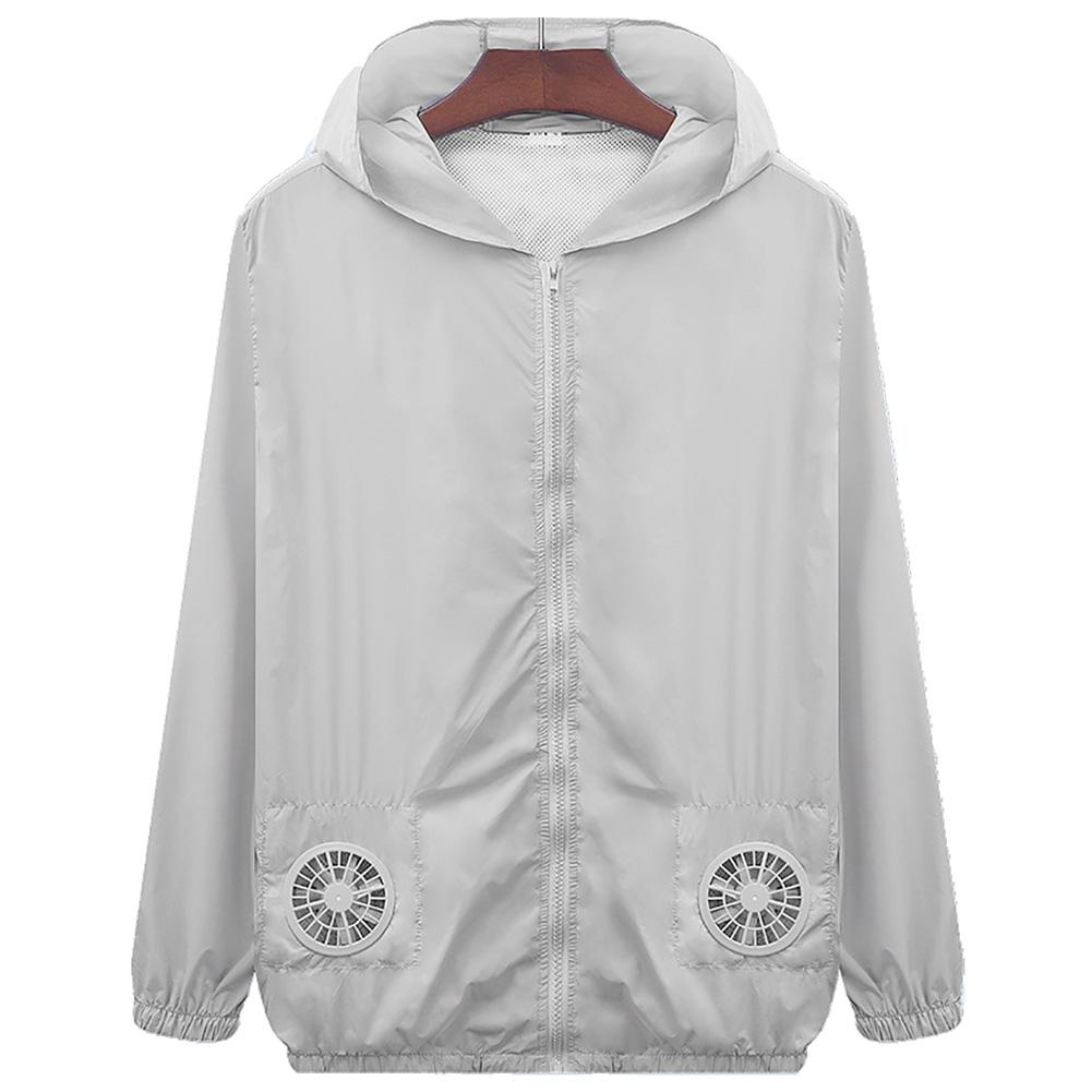 SALES！！Summer Outdoor Unisex Cooling Fan Long Sleeve Hooded Jacket Working Top Coat: Grey