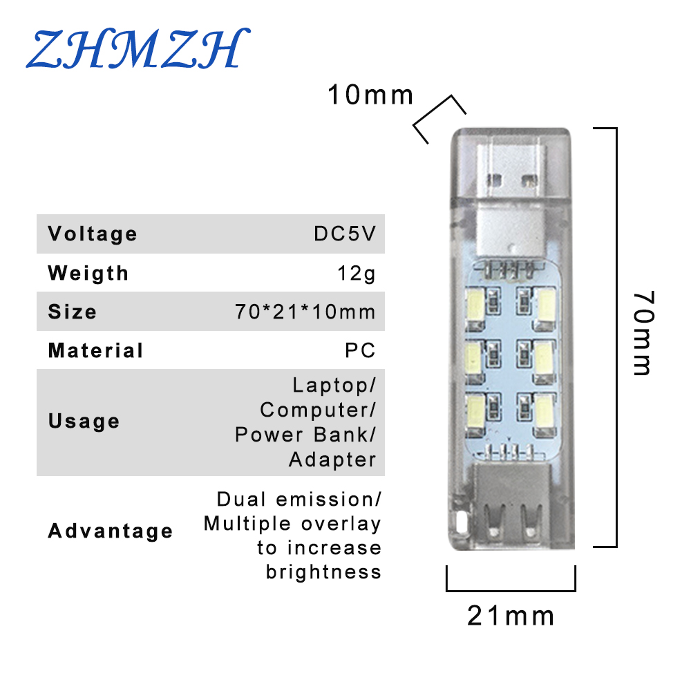 12 led'er mini-lampe usb led-natlampe han-til-hun-interface stabelbar læselampe med dobbelt emission ultralys boglampe
