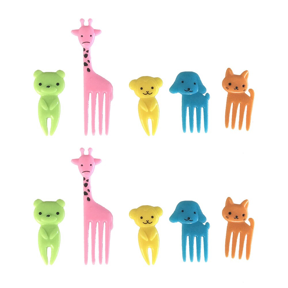 Sød bento madhakkegaffel 10- stykker giraf hund kat bjørneabe (farve kan variere) børnegaffel frugtgaffel: Hvid