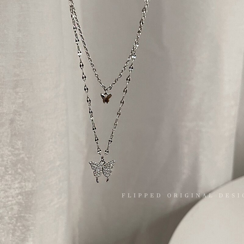 Dainty Zirconia Vlinder Hanger Ketting Voor Vrouwen Punk Zilver Kleur Gelaagde Keten Koreaanse Leuke Choker Mode-sieraden