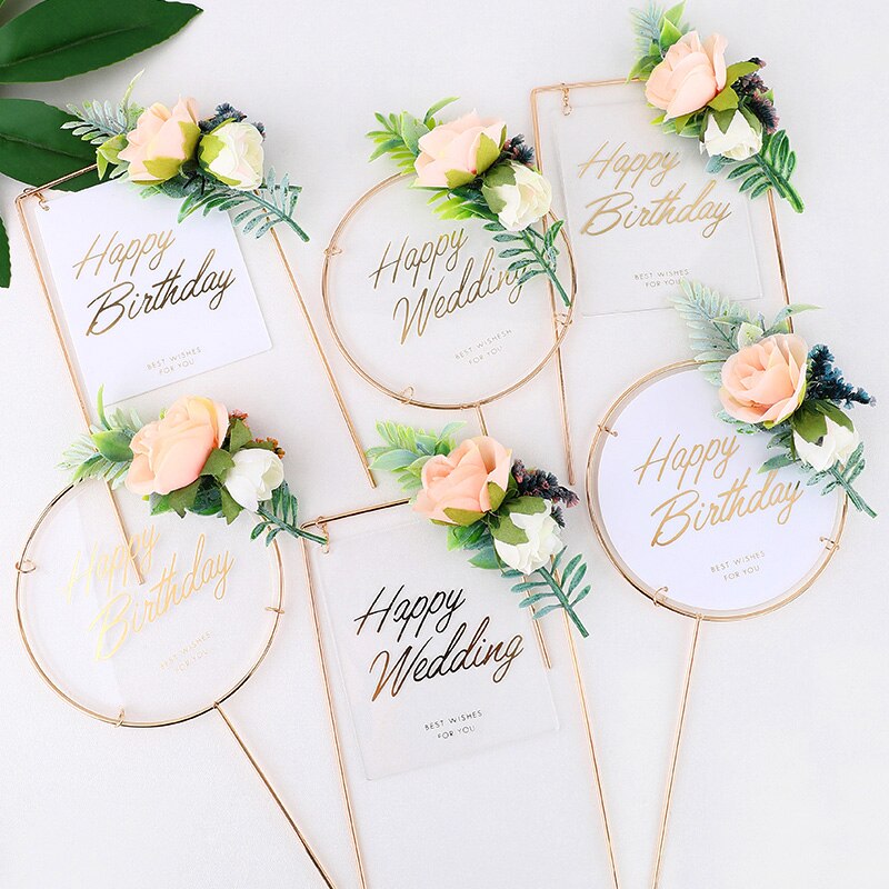 Transparant Acryl Gelukkige Verjaardag Cake Toppers Kunstmatige Bloemen Planten Wedding Cupcake Topper Diy Vrolijk Kerstfeest Cake Decor