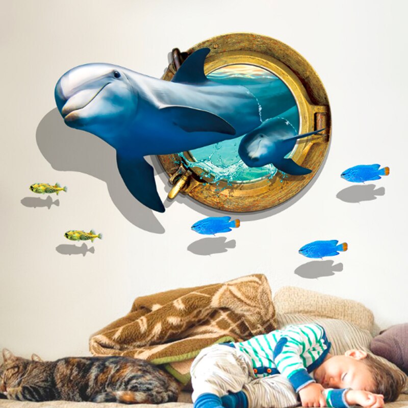Waterproof Dolphin 3D Wall Sticker Wall Bedroom Living Room TV Sofa Background Decorative Sticker Wallpaper