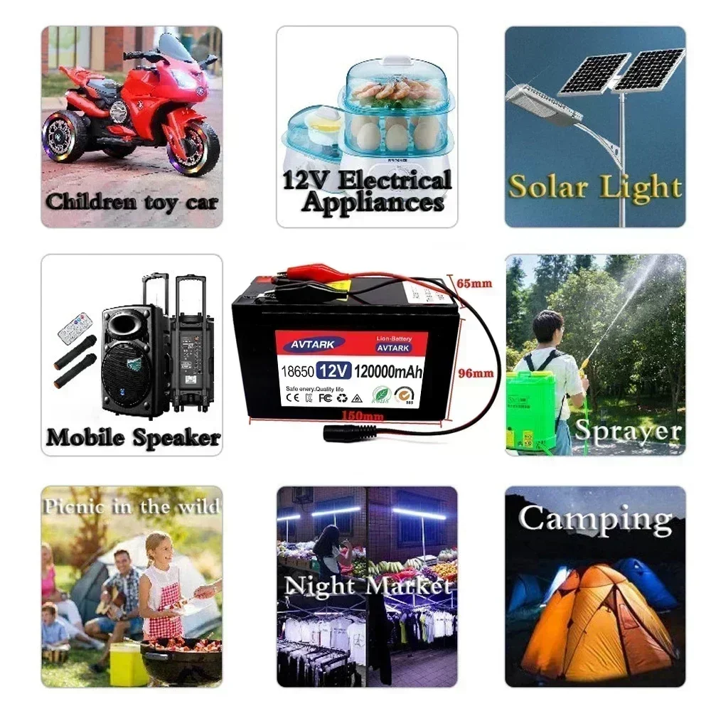 SU 12V 120Ah 120000 mAh 18650 Lithiumbatterie für Solarenergie, eingebaute Hochstrom-30-A-BMS-Batterie für Elektrofahrzeuge + 12,6-V-verkohlen