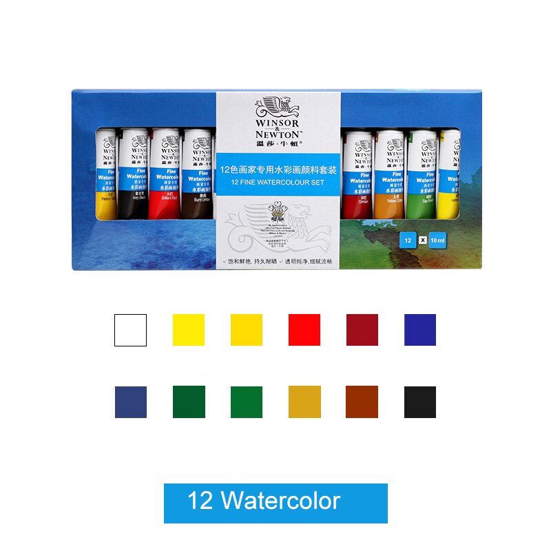 Winsor & Newton Aquarellen Acryl Olieverf Set 12/18/24/36 Kleuren 10Ml Tube Rijke Pigmenten Blijvende Voor Beginners Student: 12 Watercolor