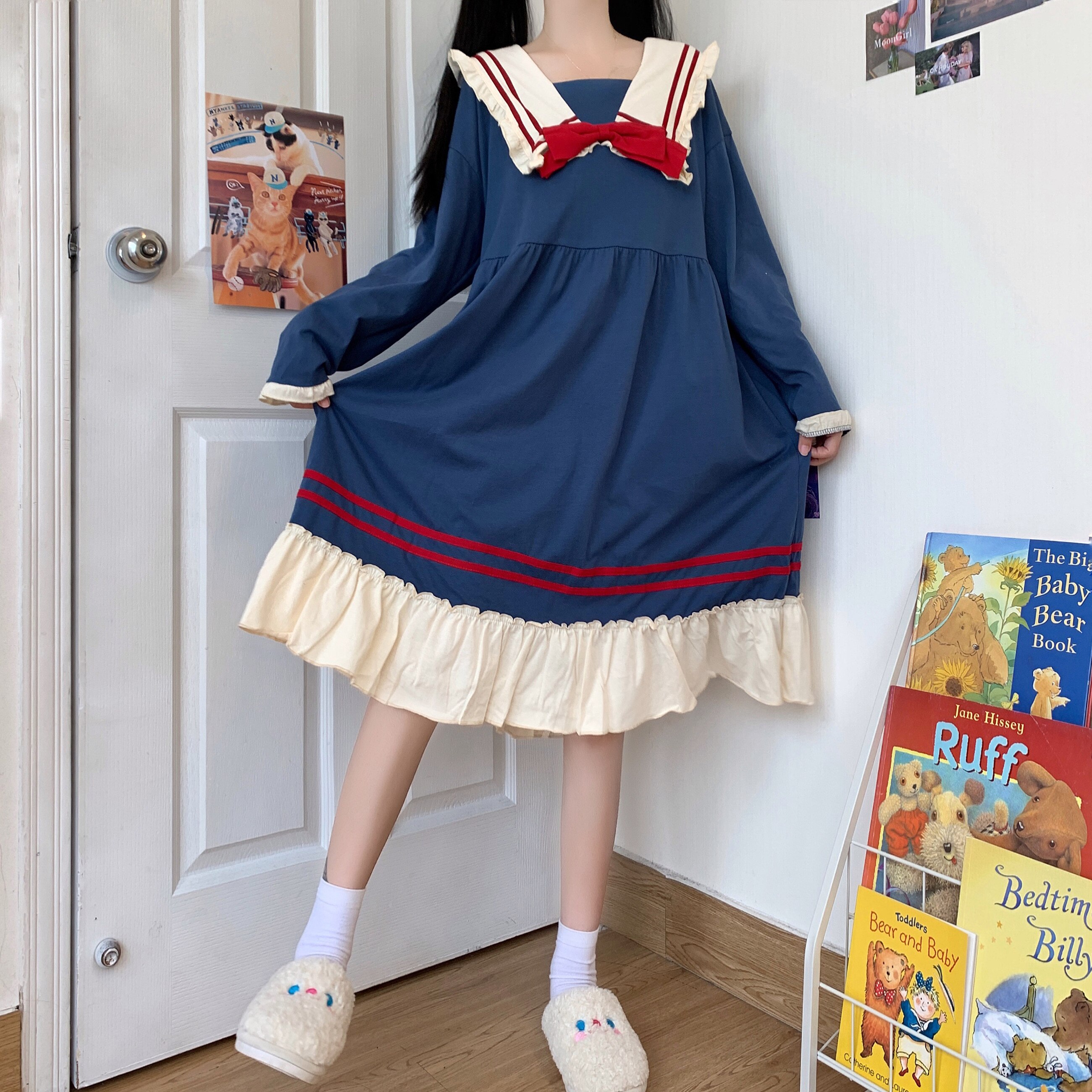 Herfst Kawaii Japanse Sailor Kraag Jurken Sweet Temperament Navy Strik Schooluniform Meisjes Leuke Casual Dress