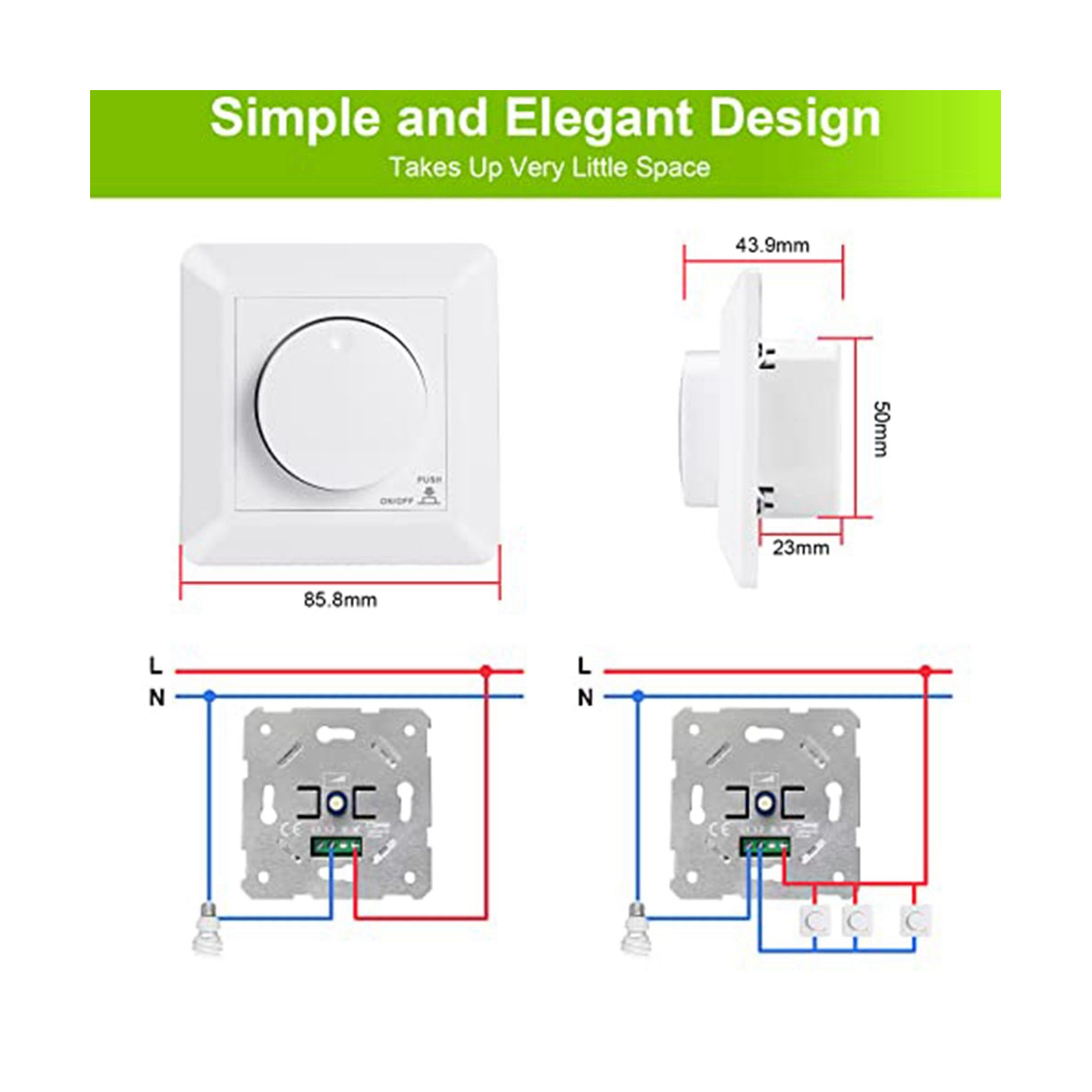 Led-dimmerschalter, unterputzdimmer für dimmbare led- und halogenlampen, , 5-300 w- stufiger led-dimmer, phasenanschnittdimmer