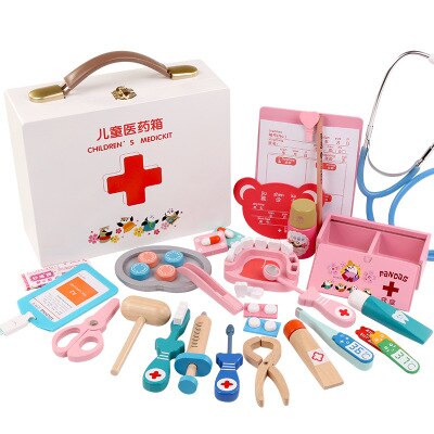 Akitoo blå rosa medicinlåda stort trä barn lekhus läkare leksak lek sjuksköterska service rollspel droppställ  #3203