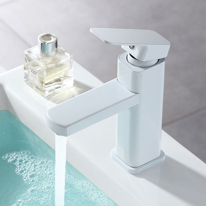 RETHME White Bathroom Sink Faucet Square Basin Faucet & Cold Water Mixed Water Faucet Vanity Tap Deck Mounted Washbasin Tap