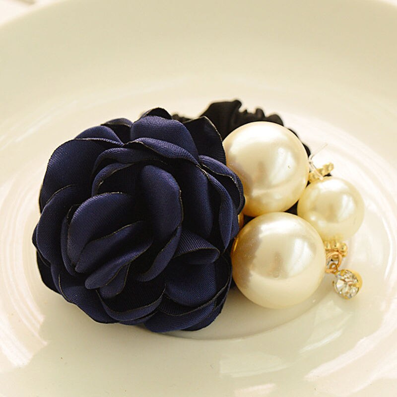 Women Ribbon Rose Flower Hairband Big Pearl Hair Bands for Girls Elastic Hair Rope Ties Ponytail Holder Hair Accessories: Navy