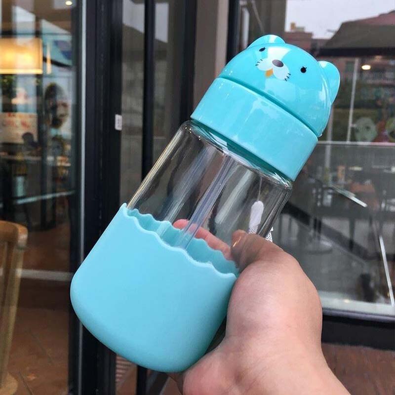 320ML Glass Baby Feeding Bottles BPA Free Anti-colic Baby Milk Bottle with Straw for Infants Feeding School Kids Bottle: Blue Bear