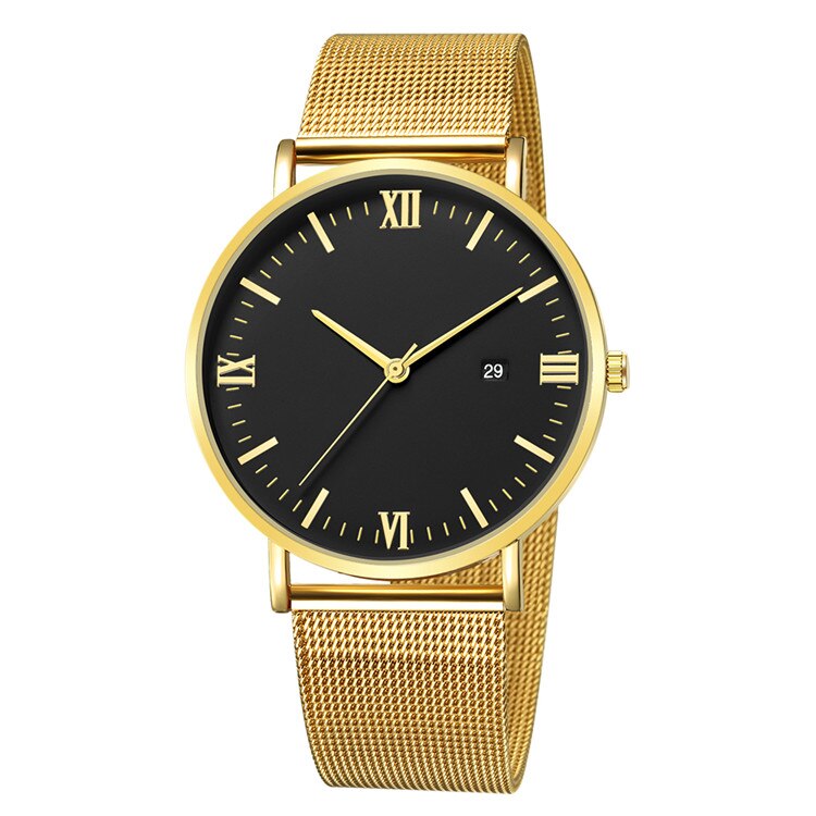 Relogio Masculino moda Roman cyfrowe zegarki męskie Top marka kwarcowy siatka ze stali nierdzewnej zegarek na rękę z paskiem, bransoletą erkek kol saati: gold black