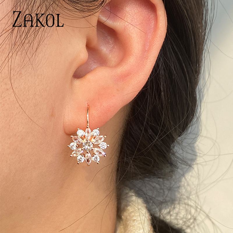 ZAKOL Fashion Rose Gold Color Flower Hoop Earrings dla kobiet CZ Crystal Zircon Earring Brincos