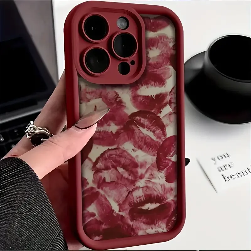 Red lip print phone case for iPhone 11 13 14 15 Pro Max 12 Mini 78 Plus XS XR SE durable anti-fall full coverage: ABS / Claret