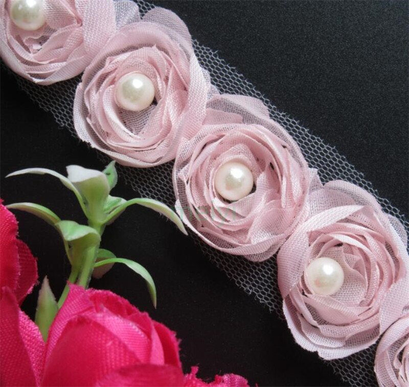 Oplosbare Chiffon Rose Bloem Parel Geborduurde Stof Kant Trim Lint Handgemaakte DIY Naaibenodigdheden Ambachtelijke Voor Kostuum Decoratie: Roze