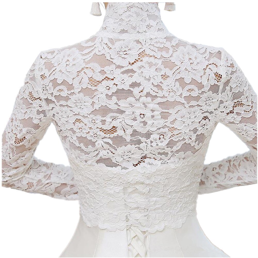 GOHYPDUG Long Sleeve Lace Top Jacket Bolero Button Front White Ivory Bridal Wrap Plus Size Bride Shawl