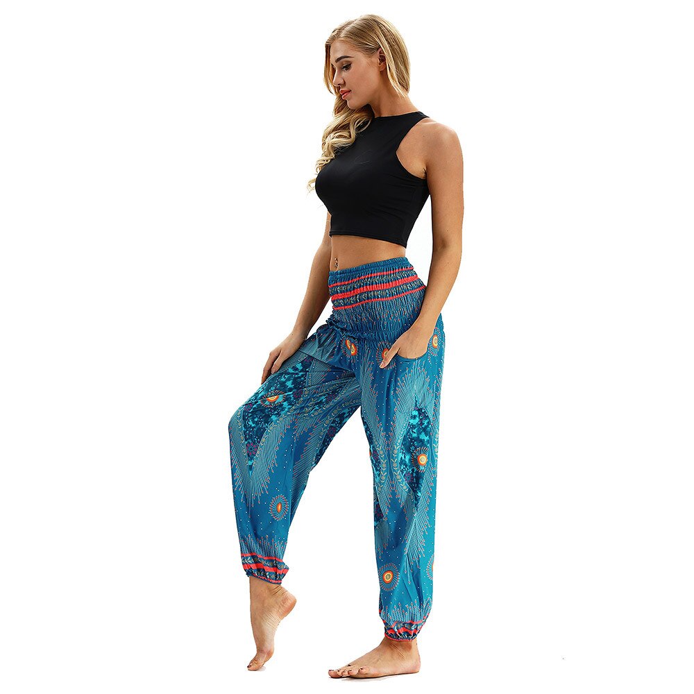 Heren dames losse harembroek dames heren bohemien casual print hippie lange broeken wijde pijpen zomer baggy broek #40: Hemelsblauw
